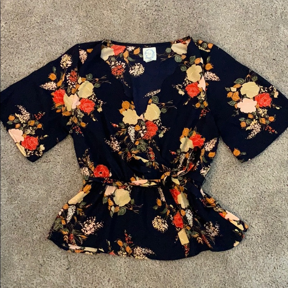 blue floral wrap top